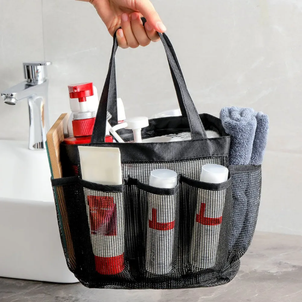 Portable Mesh Shower Caddy Quick Dry Shower Tote Hanging Bath Toiletry Organizer Bag 7 Storage Pockets Double Handles