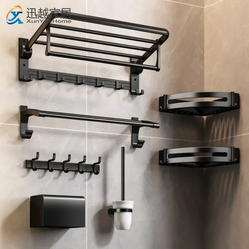 Bath Hardware Sets Towel Rack Shower Bar Rail Holder Double Shelves Hooks Hanger Paper Tray Toilet Brush Holders Black Aluminum