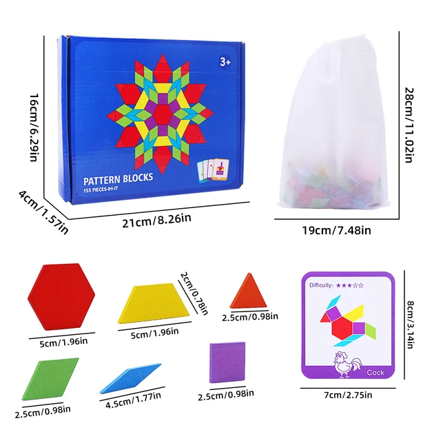 155 PCS Wooden Pattern Blocks Set, Geometric Shape Puzzle, Kindergarten Classic Educational Montessori Tangram Toys for Kids 2