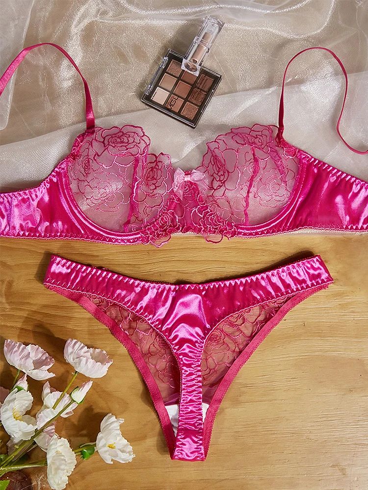 Fancy Embroidery Lingerie Mesh Transparent Bra Set Sexy Women Underwear Rose Red 2 Piece Set Bilizna Romantic Intimate Lingerie