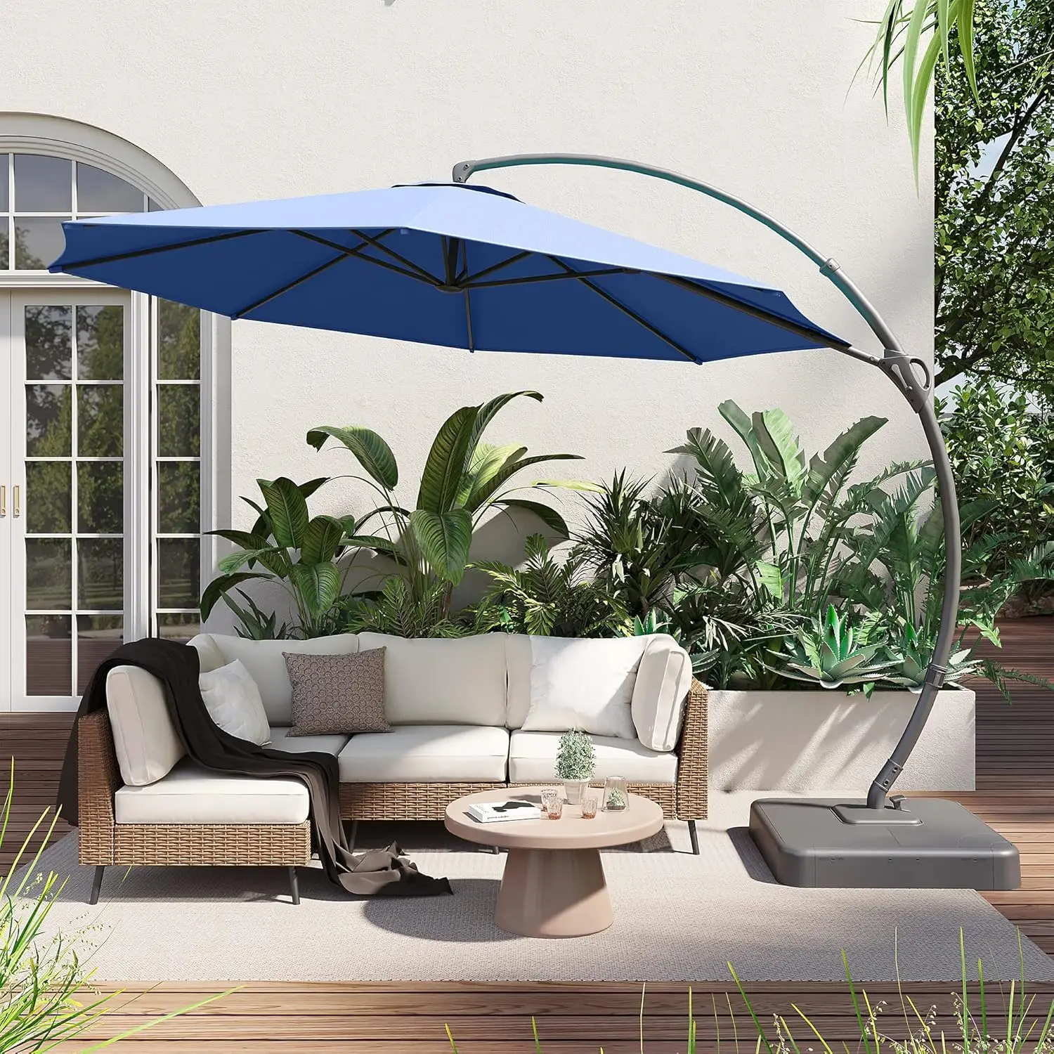 LAUSAINT HOME Outdoor Terrace Umbrella Includes Base, 11 Foot Luxury Curved Cantilever Umbrella, Can Rotate 360 &deg;