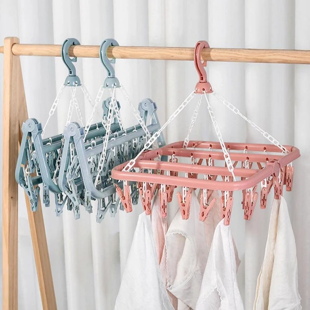 Foldable Clothes Dryer Rack Lingerie Hangers With 32 Clips For