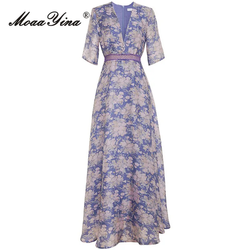 

Женское винтажное платье с v-образным вырезом MoaaYina, весеннее вечерние платье трапециевидной формы с высокой талией и винтажным принтом, вечерние