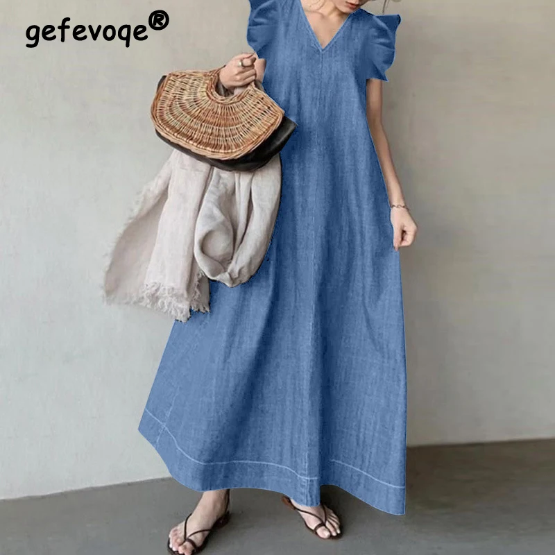 

Summer New Bohemian Ruffles Sleeveless Oversized Denim Dress Ladies Loose Casual Fashion Robe Women's V-neck Vestidos De Fiesta