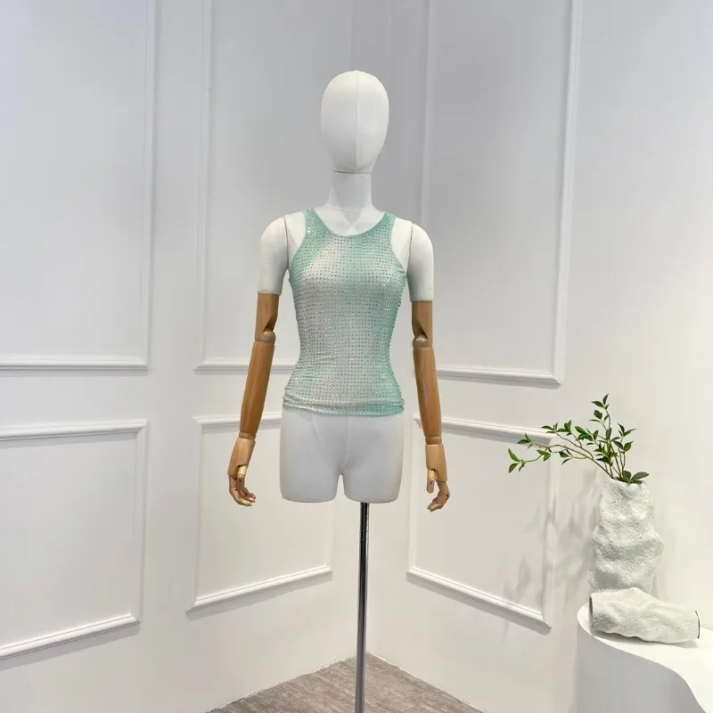 2023 New Collection Light Green Slim Gradient Sleeveless Diamonds Tops for Women i love disco diamonds collection vol 45 1 cd