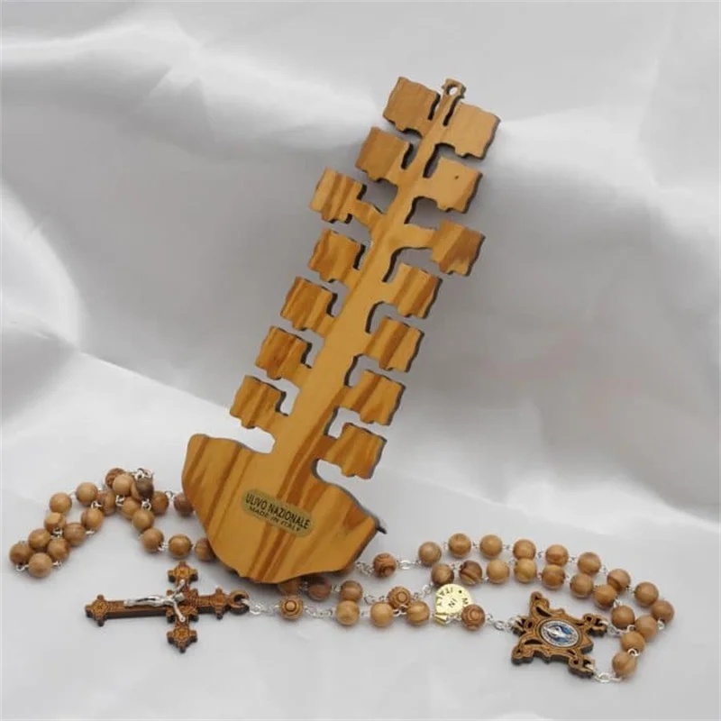 14 Bitter Road Holy Water Pools Olive Wood and Metal Tree Wooden Wall Cross for Church Home Decor 16.5&times;7cm