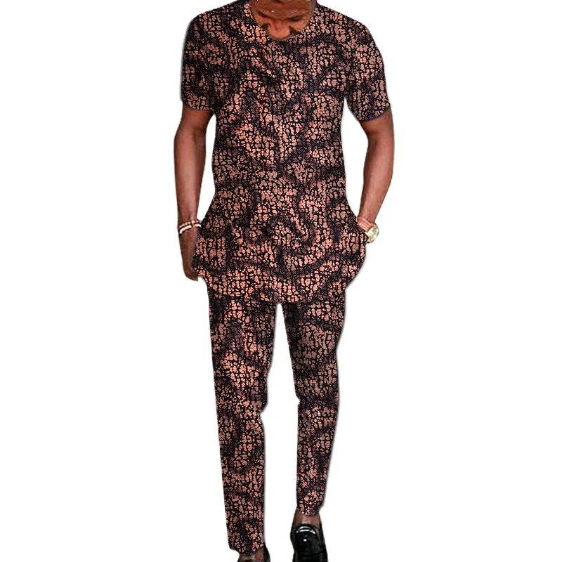 Nigerian Fashion Men's Short Sleeve Tops+Trousers African Wax Colorful Print Male Pant Suits Wedding Party Garment