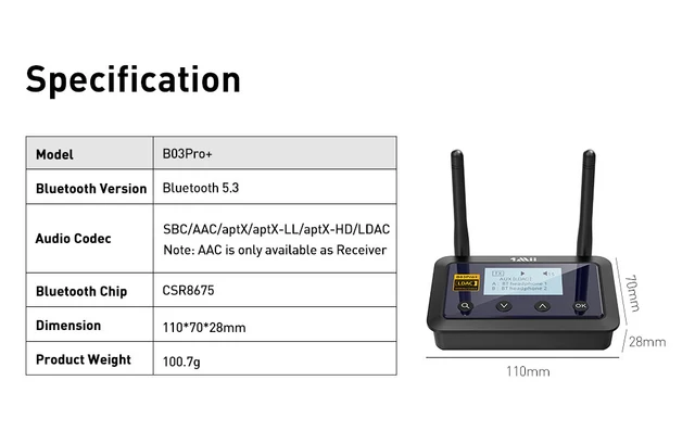 Trasmettitore Ricevitore Bluetooth 1Mii B03Pro+ - Con LDAC, AptX, Per TV E Stereo, Display LCD - Foto 12