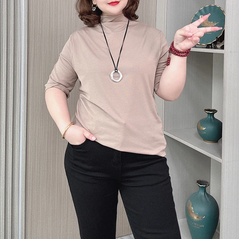 Women's Half Sleeve Cotton T-shirt, Plus Size Tops, Stand Collar, Solid Color, Spring and Autumn, New