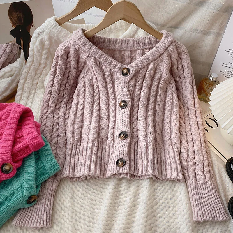 

Fashion Korean Women Cardigans Sweater All Matched Single Breasted Solid Color Short Slim Knitting Casual Female Clothes