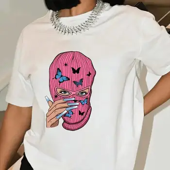 여성용 마스크 및 나비 프린트 반팔 티셔츠, O-넥 티셔츠, 부드러운 오버사이즈 여성 의류, 여름 패션