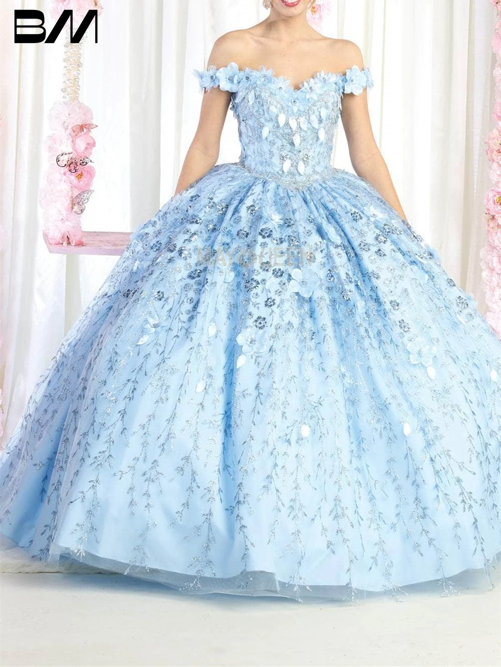 

Floral Applique Lace-up Party Dress Vestidos De 15 Quinceañera Sweetheart Ball Gown Off Shoulder Floral Quinceanera Gown