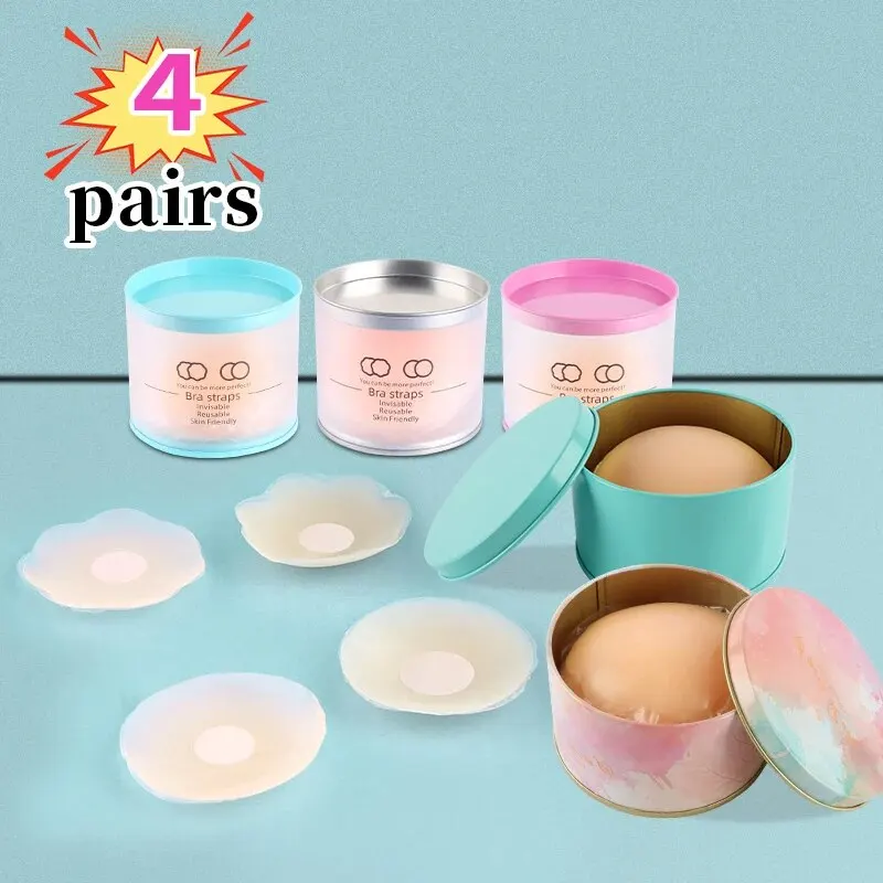 4 Pairs Silicone Breast Patches Anti Glare Underwear Sexy Breathable Invisible Breast Care Travel Box Packaging