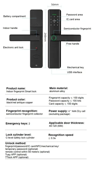 Tuya WIFI Smart Door Lock Fingerprint Lock TTlock BLE Fingerprint Password IC Card NFC Key Remote Unlock Electronic Locks 6