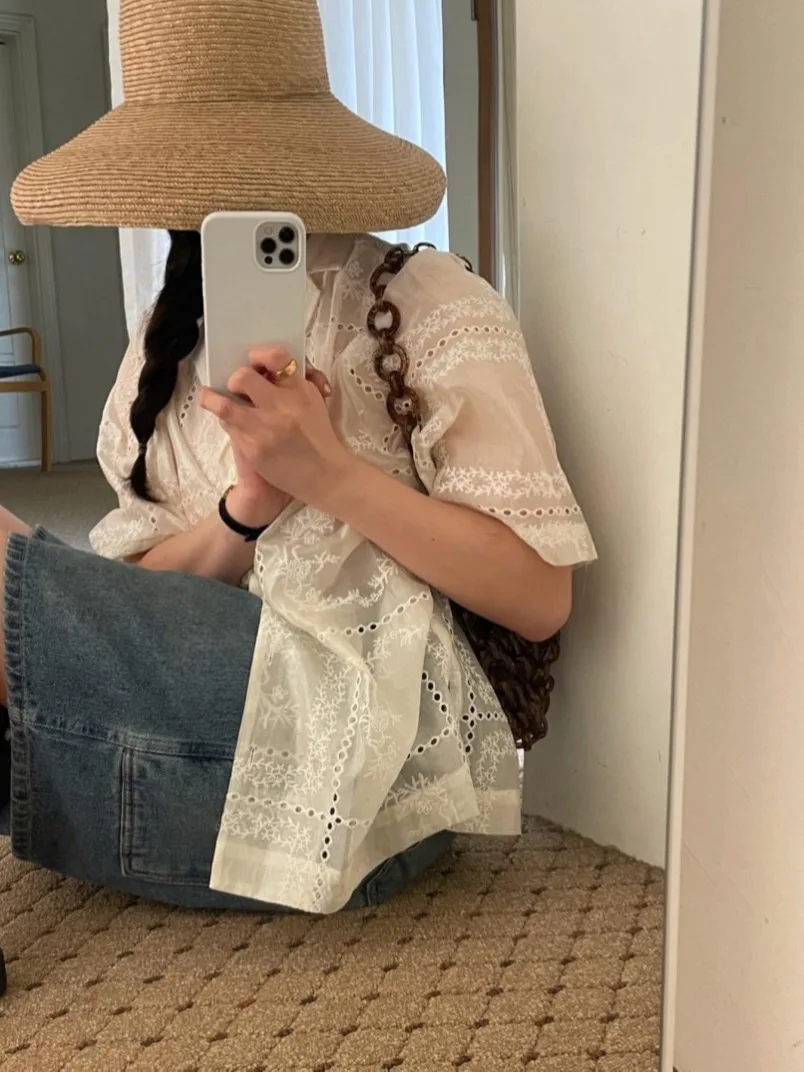 Korean Chic Versatile  Crochet Embroidered Single-Breasted Top + Retro High Waist Skirt sets