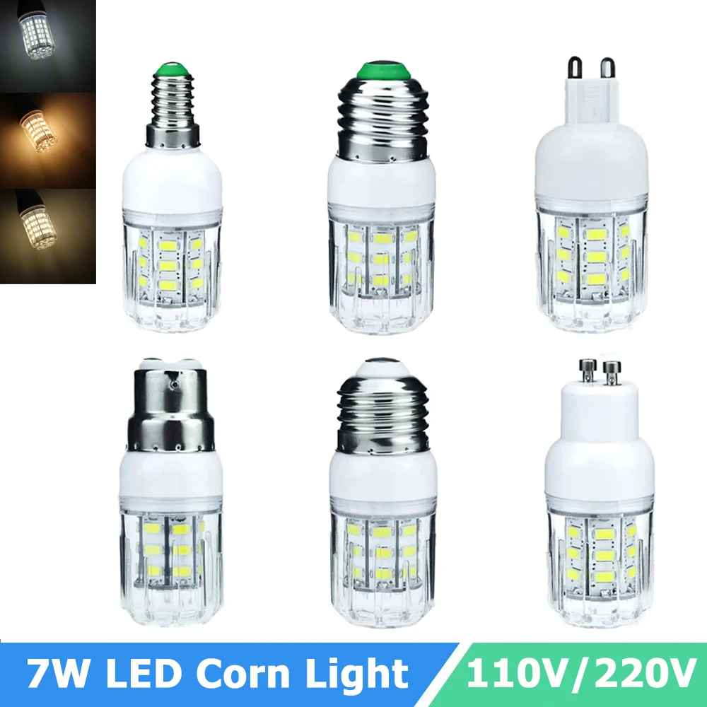 

E27 E26 E12 E14 B22 G9 GU10 LED Corn Bulbs AC110V 220V 7W 27LEDs LED Lamp SMD5730 Ultra Bright LED Light 360 Beam Angle Lighting