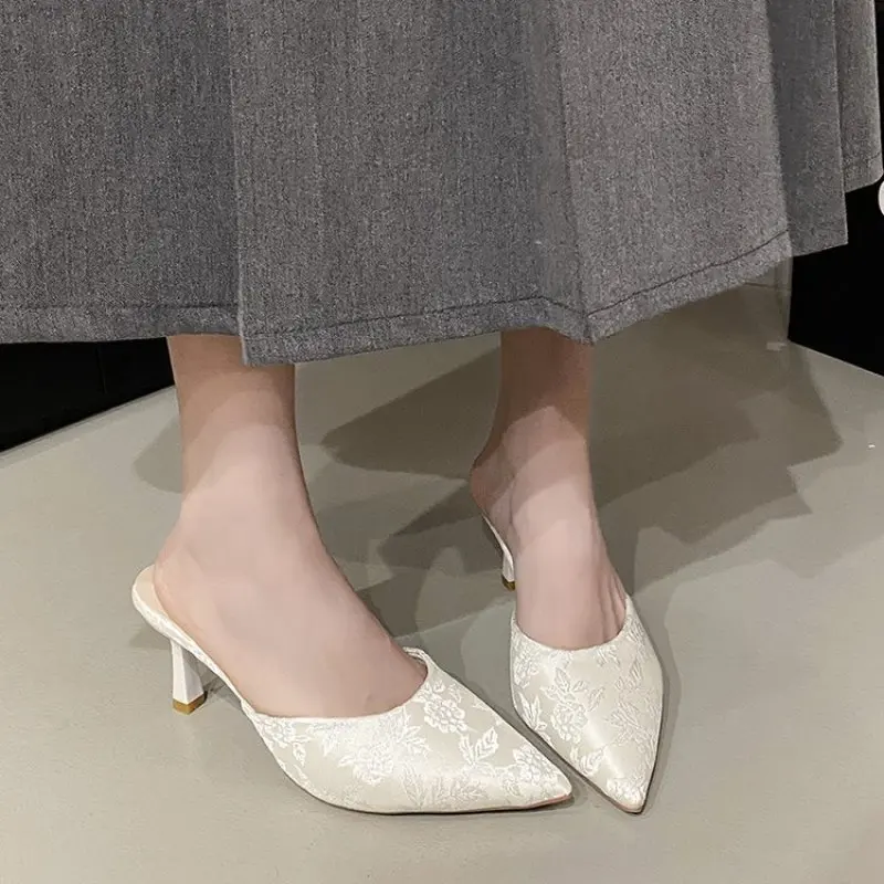 Retro Women slippers Shoes Pumps Summer High Heels 2024 Sandals Ladies Orange Straps Beige Latest Lace New Casual Low Solid