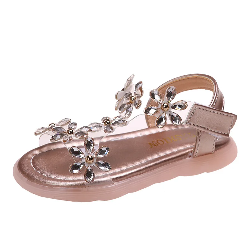 Baby Girl Sandals Crystal Bling Diamond Flower Princess Dance Shoes Summer Small Big Kids Party Shoes 1-3-4-6-7-12 Years Old