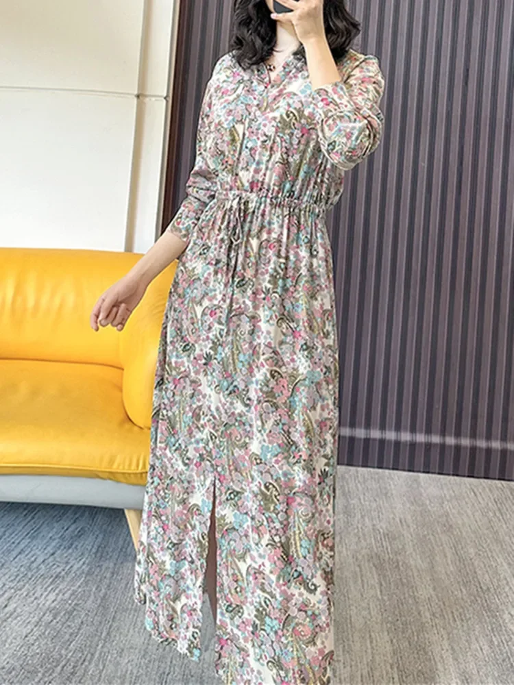 

Dress for Women 2023 New 100% Viscose Floral Paisley Turn-down Collar Slit Waist Drawstring Vintage Long-sleeved Midi Robe