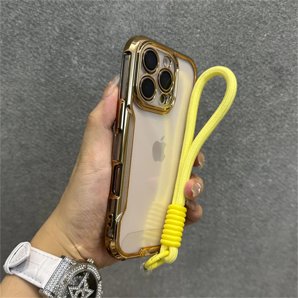 Elegant Plated Clear Wrist Strap Lanyard Phone Case with Cooling Protective Cover