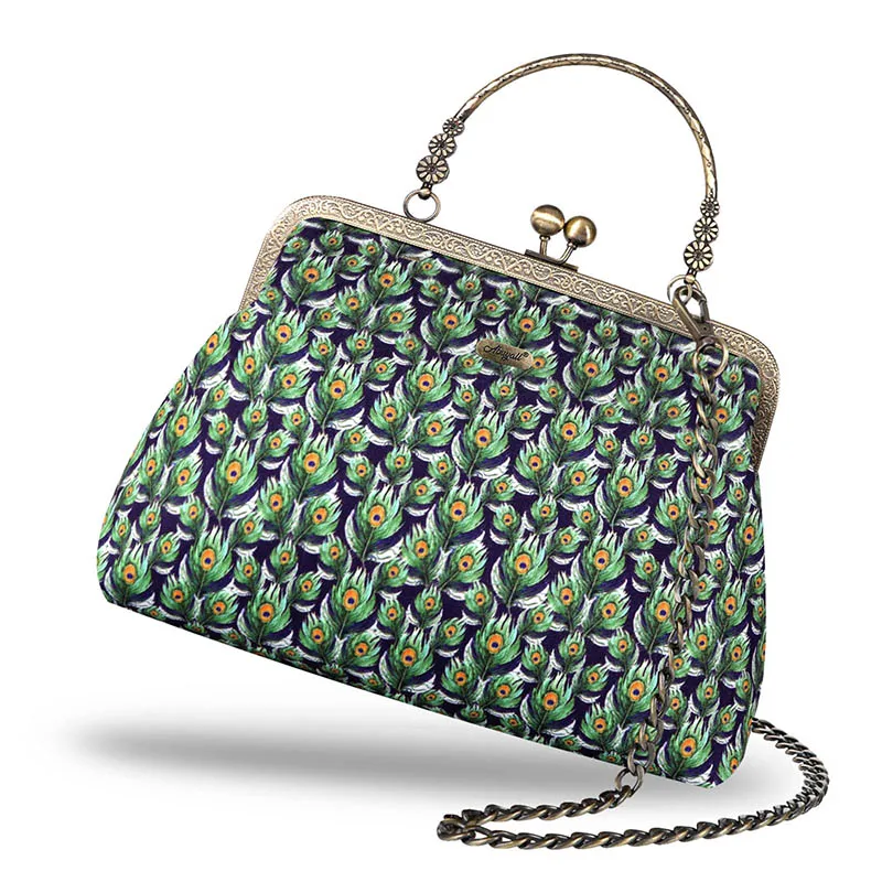 Vintage  Handbag Women Canvas Kisslock Shoulder Bag Chain Strap Retro 50s Purse Evening Party Peacock Elegant Embroidered Walle