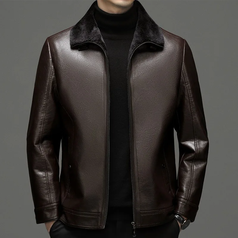 2023 New Men Cashmere Fur Leather Coat Winter Fleece Lined Padded Warm Keeping Casual Solid Color Short Men Leather Jacket