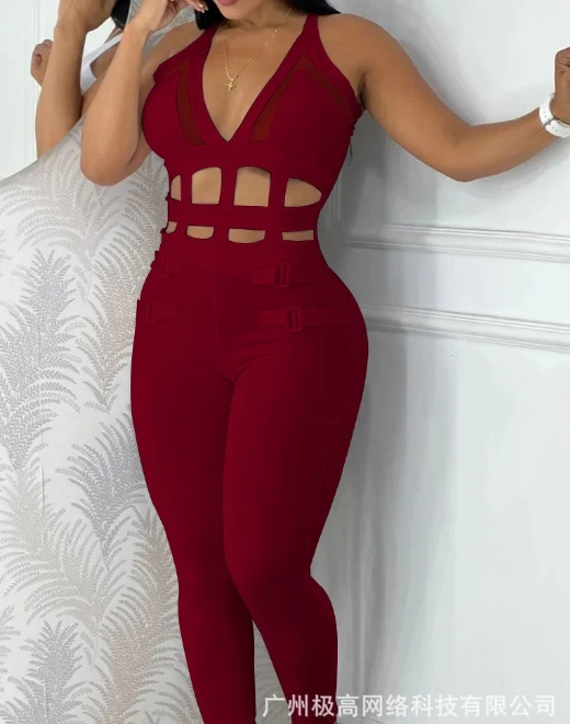 Women's Summer New Hollow V-Neck Sexy Youth Commuting Fashion Solid Halter Buckle Contrast Mesh Sling Jumpsuit