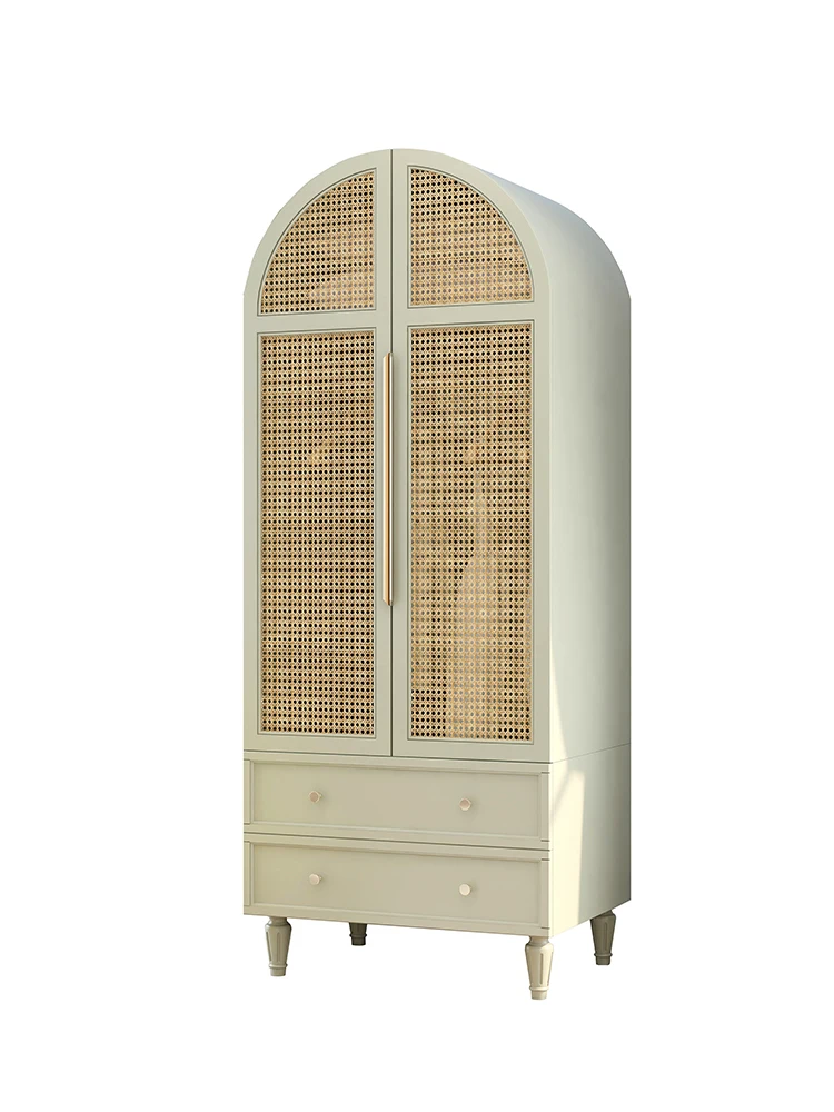 

TT Self-Viewing Original Rattan Wardrobe Simple Solid Wood Bedroom Clothing Storage Cabinets Pastoral Style Double-Door Closet