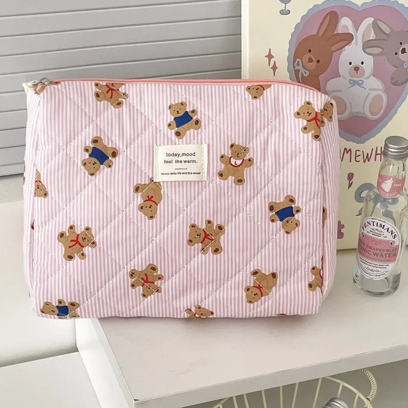 Cute Bear Flower Quilting Cotton Makeup Bag Women Zipper Cosmetic Organizer Female Cloth Handbag Toiletry Case for Girls 4