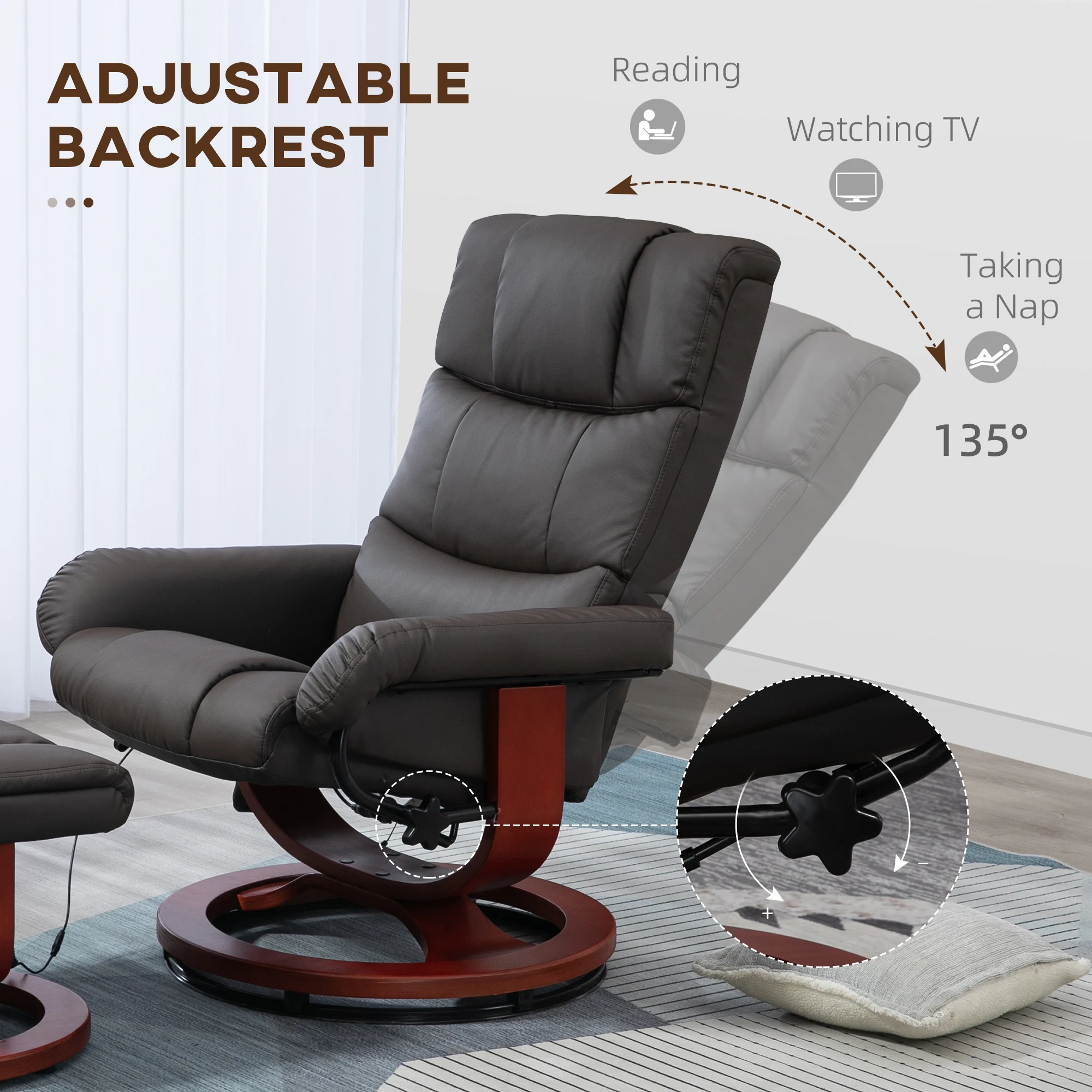 Recliner Chair with Ottoman, Swivel Wood Base, Remote and Side Pocket, Grey