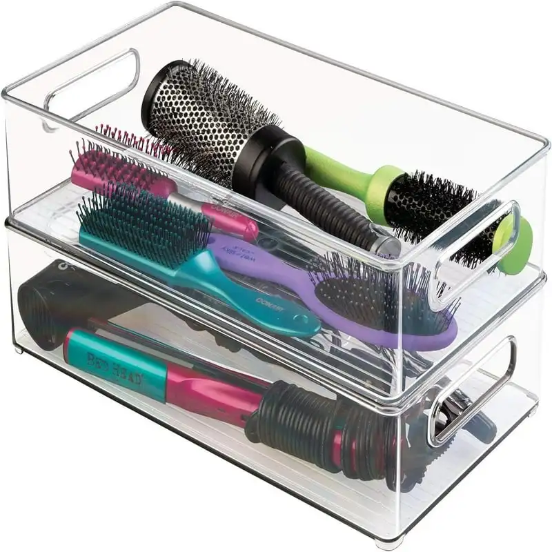 

Plastic Stackable Cabinet Organizer Bin with Handles, Clear, 14.6" x 8" x 4"
