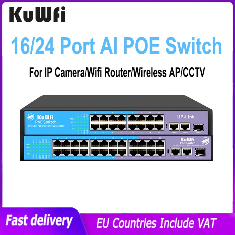 

KuWFi 16/24 Port PoE Switch 10/100Mbps AI Network Switch 2*UP Link Rj45 Lan For IP Camera/Wireless AP/CCTV Security Camera