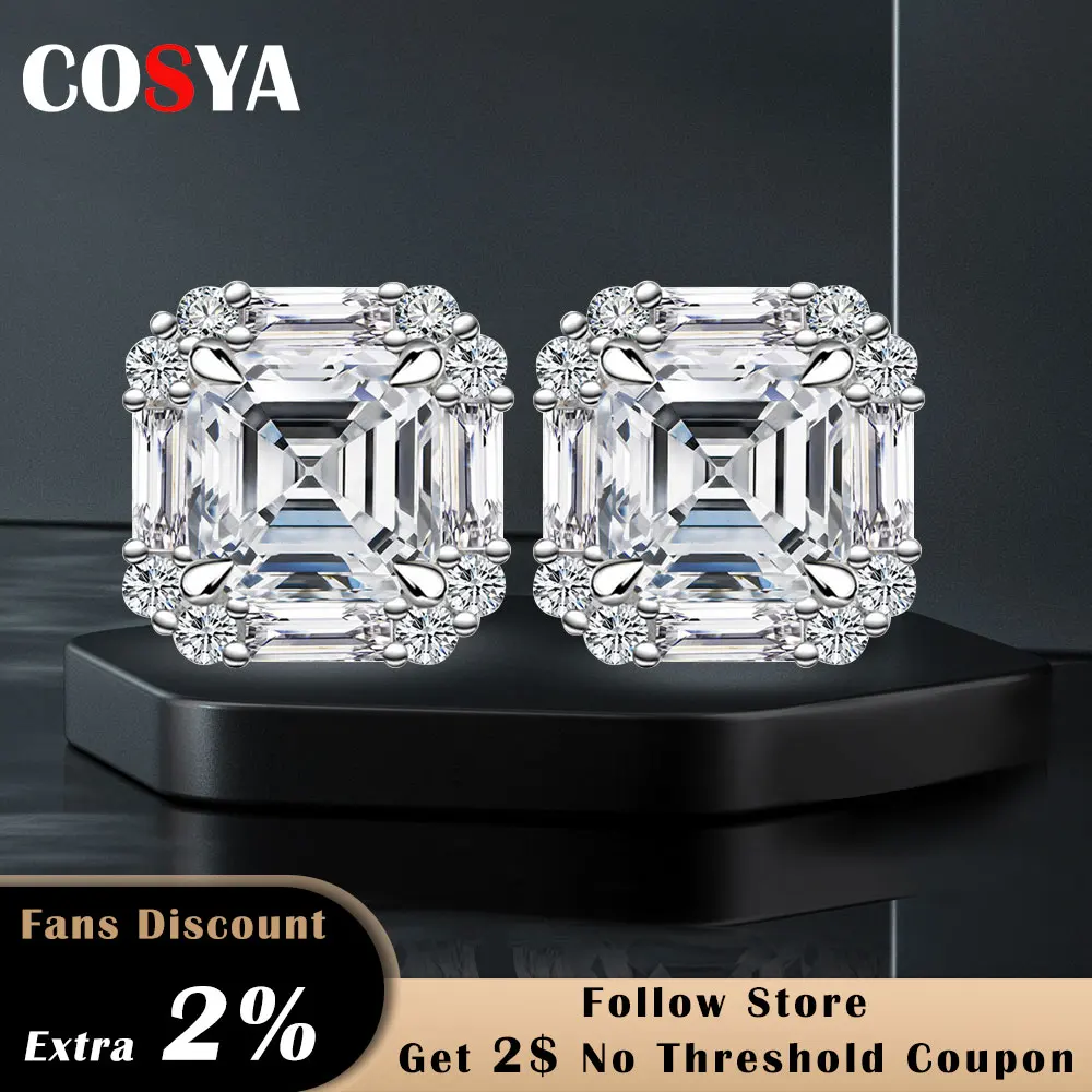 

COSYA 1 Carat Moissanite Earrings For Women 925 Sterling Silver Asscher Square Cut Diamond Stud Earring Wedding Fine Jewelry