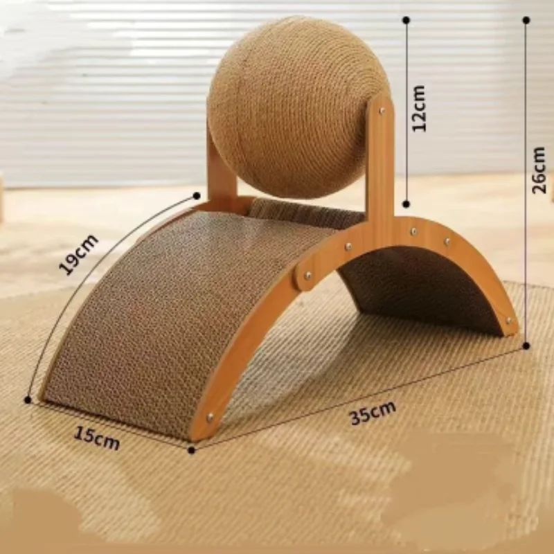 A product diagram of a wooden cat scratcher featuring an arch-shaped base and a large sisal rope ball on top. Overlaying black lines and text indicate dimensions: a total height of 26cm, a length of 35cm, a width of 15cm, and a ball diameter of 12cm.