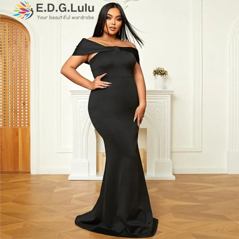 

EDGLuLu Plus Size Women Clothing Off Shoulder Short Sleeves Birthday Dress For Women Luxury 2023 Black Long Mermaid Dresses 1213