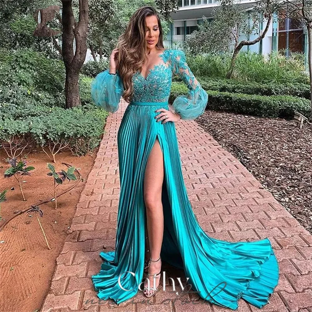 

Cathy Handmade Lace Embroid Vestidos De Novia Sexy Puffy Sleeve Prom Dress 2023 Blue Side Split Pleats فساتين السهرة