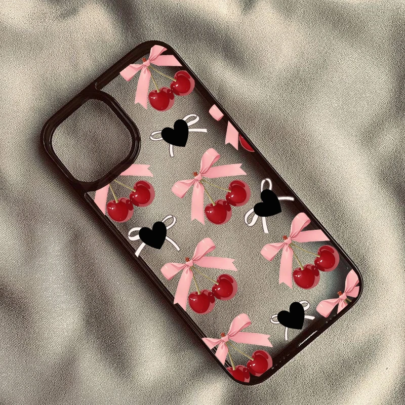 Charming Pink Bow Crystal Cherry Clear Phone Case with Love Heart Design
