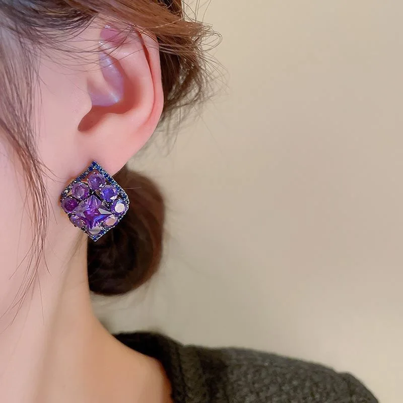 Fashion Trend Unique Design Elegant Delicate Light Luxury Purple Zircon Rhombus Earrings For Women Jewelry Party Premium Gift