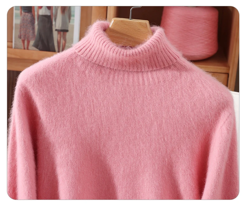 Damen-Pullover mit hohem Kragen, 100 % Nerz-Kaschmir, Herbst/Winter, lange Ärmel, Strickpullover, lockere Unterseite, modisches Basic-Oberteil, 23 Farben – Detail 19