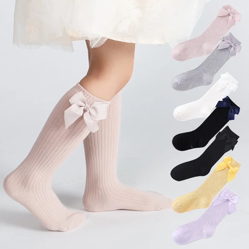 1/5Pairs Children Girls Socks With Bows Cotton Soft Toddlers Long