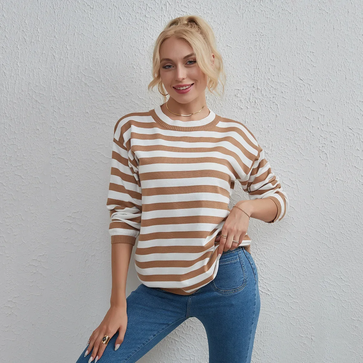 

Loose Striped Sweater Women Autumn Winter Pullover O-neck Colorblock Knit Elastic Jumper Casual Thick Warm Y2k Jacquard Jumpers