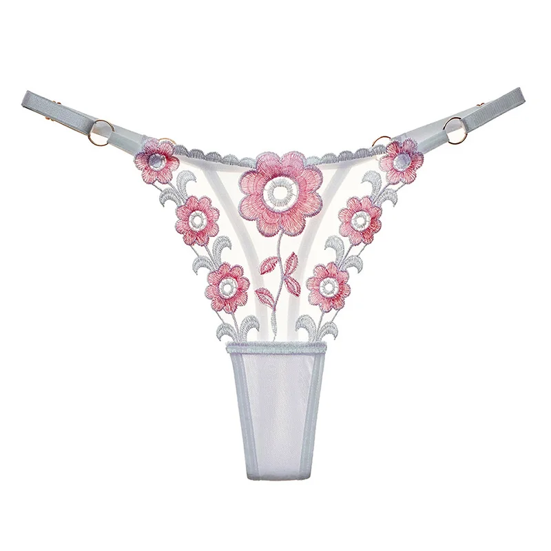 

Sweet Women's Lingerie Thong Panties Mesh Underwear Embroidered Flowers G-string Adjustable Waist Breathable Transparent Briefs