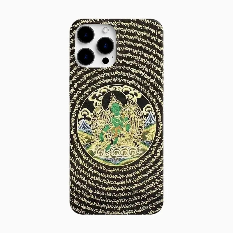 Tibetan Buddhist Cultural Green Tara Pattern Black Background Phone Case for iPhone 16 15 14 11 12 13 Pro Max Plus Back Cover 6