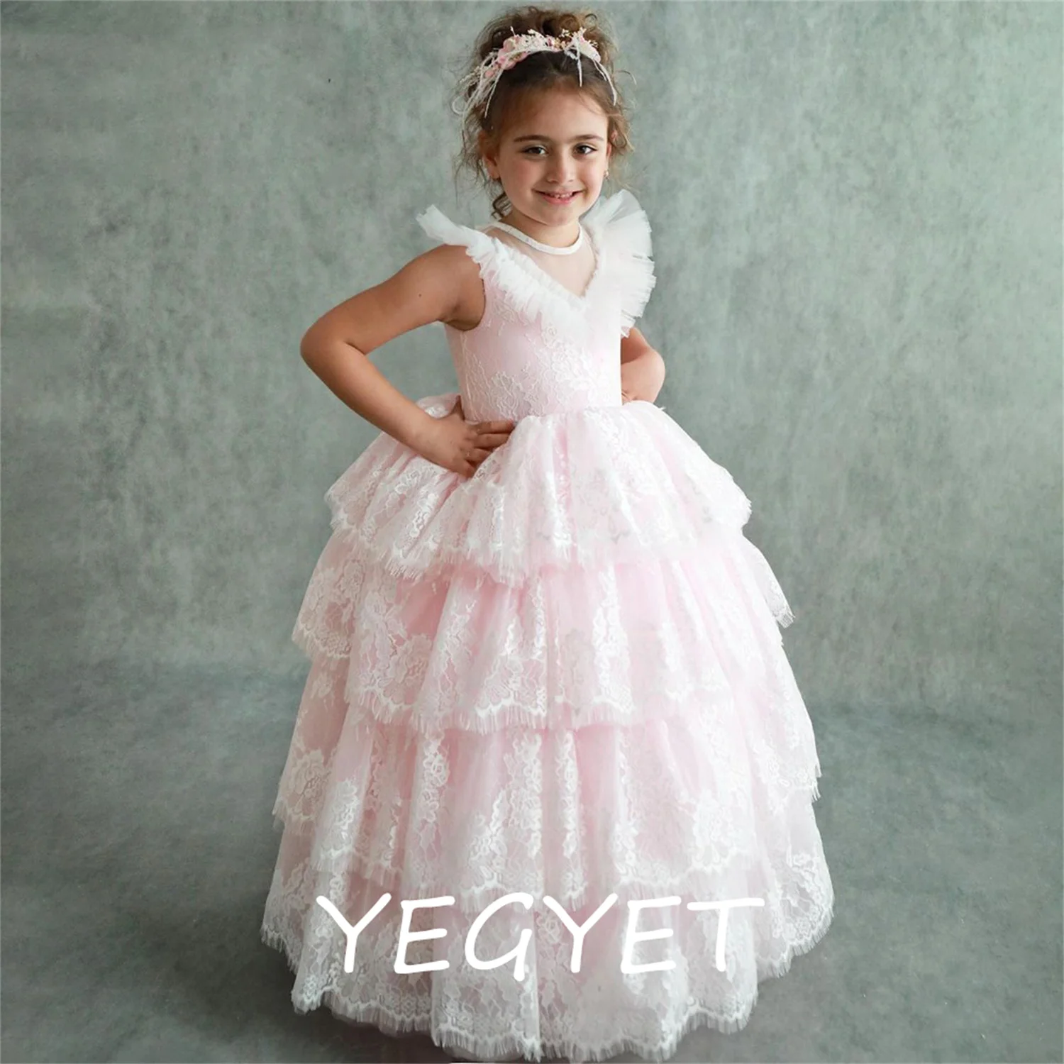 

Puffy Lace Baby Girl Party Dress Kids Layers Flower Girl Dresses Hi-Low Princess Dress Cute First Communion Gowns
