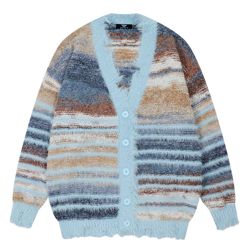 Winter Irregular Knitted Sweaters Man Loose Stripe Cardigan