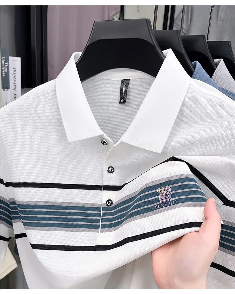 High end brand striped short sleeve polo shirt fashion exquisite letter embossed lapel casual comfortable breathable men T-shirt 17
