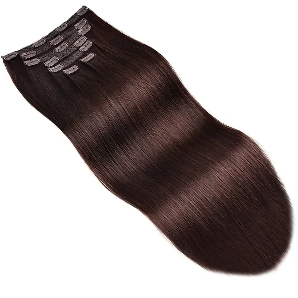 28" Clip in Hair Extensions Remy Human Hair for Women-Silky Straight Human Clip in Extensions 50g Dark Brown 613 Color