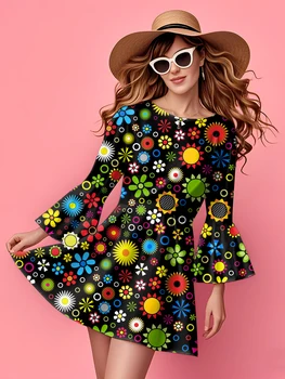 Abito hippie retrò anni '70 da donna con stampa floreale vibrante, girocollo, casual, manica a campana, primavera estate autunno 1