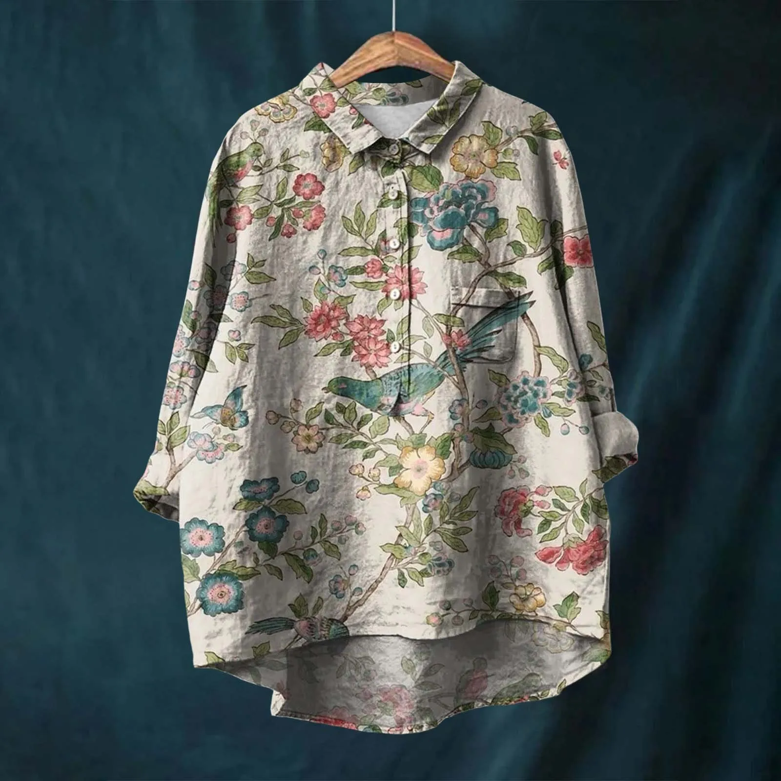 Flower Pattern Printed Women's Lapel Neck Casual Cotton And Linen Womens Loose Fit T Shirts Extra Long Sleeve Tops for Women women t shirt