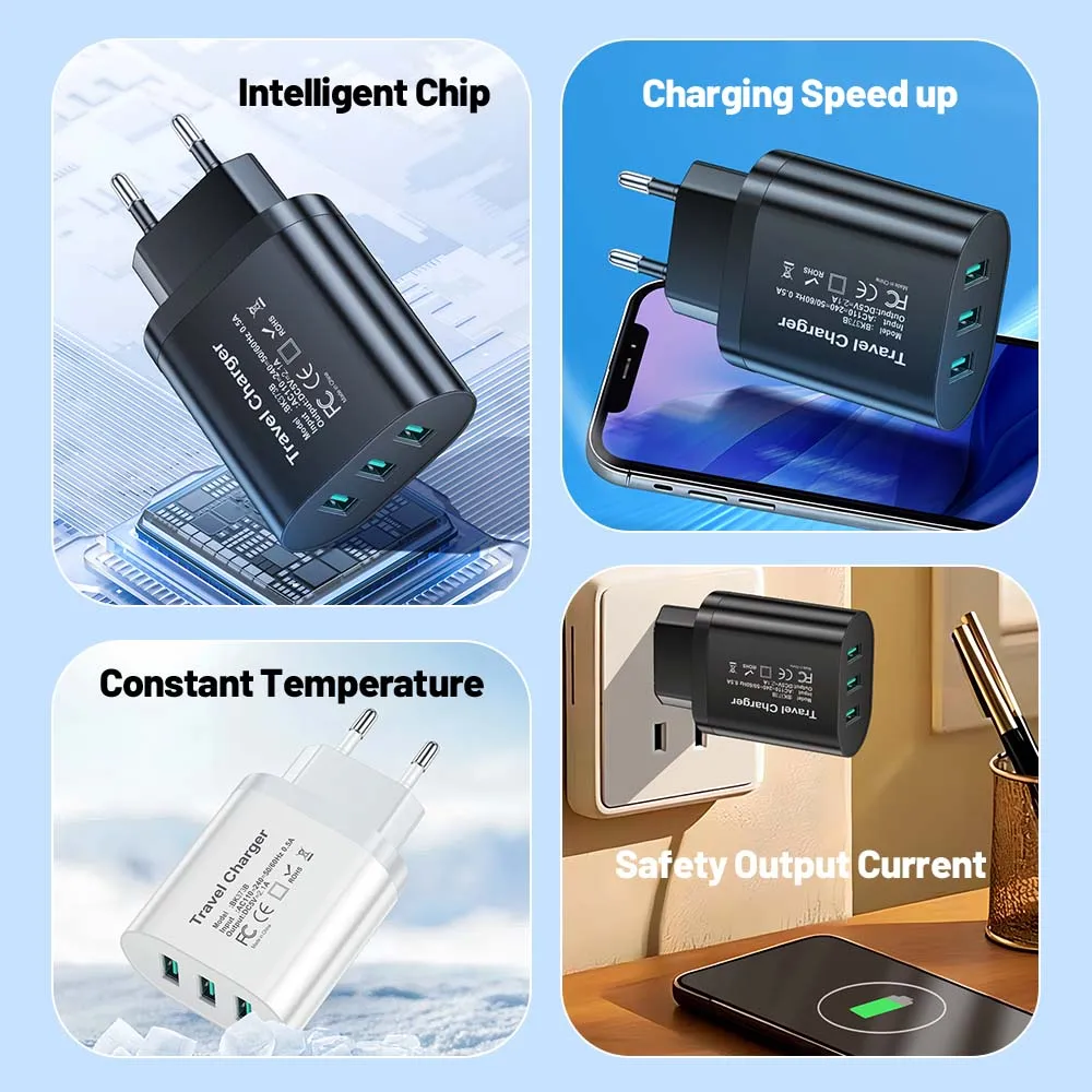 3 Ports USB Phone Charger 2.1A Fast Charging For Samsung Xiaomi Huawei iPhone Mobile Phone Adapter EU/US/UK Plug